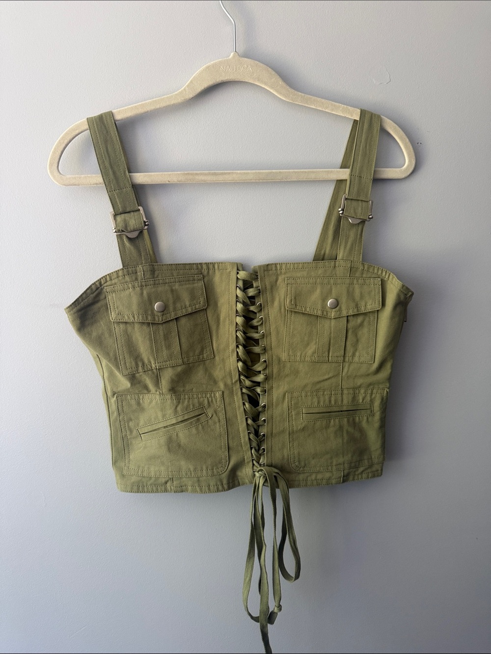 emory park Olive Green Lace-Up Utility Crop Top